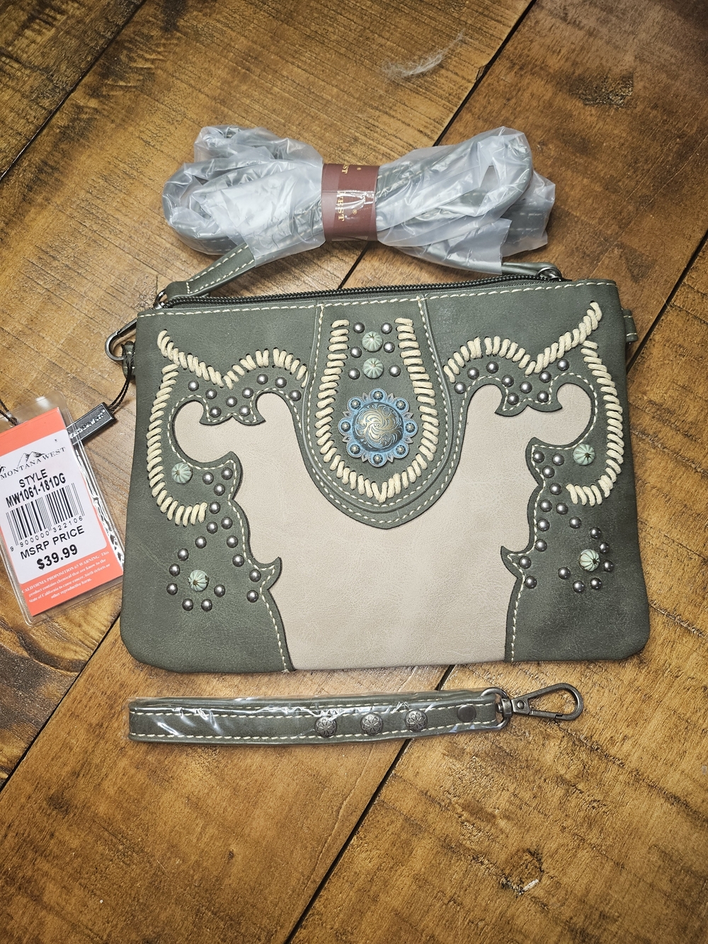 Nwt Montana Wesr Women's Embellished Two-Tone Wristlet Crossbody- Olive & Beige